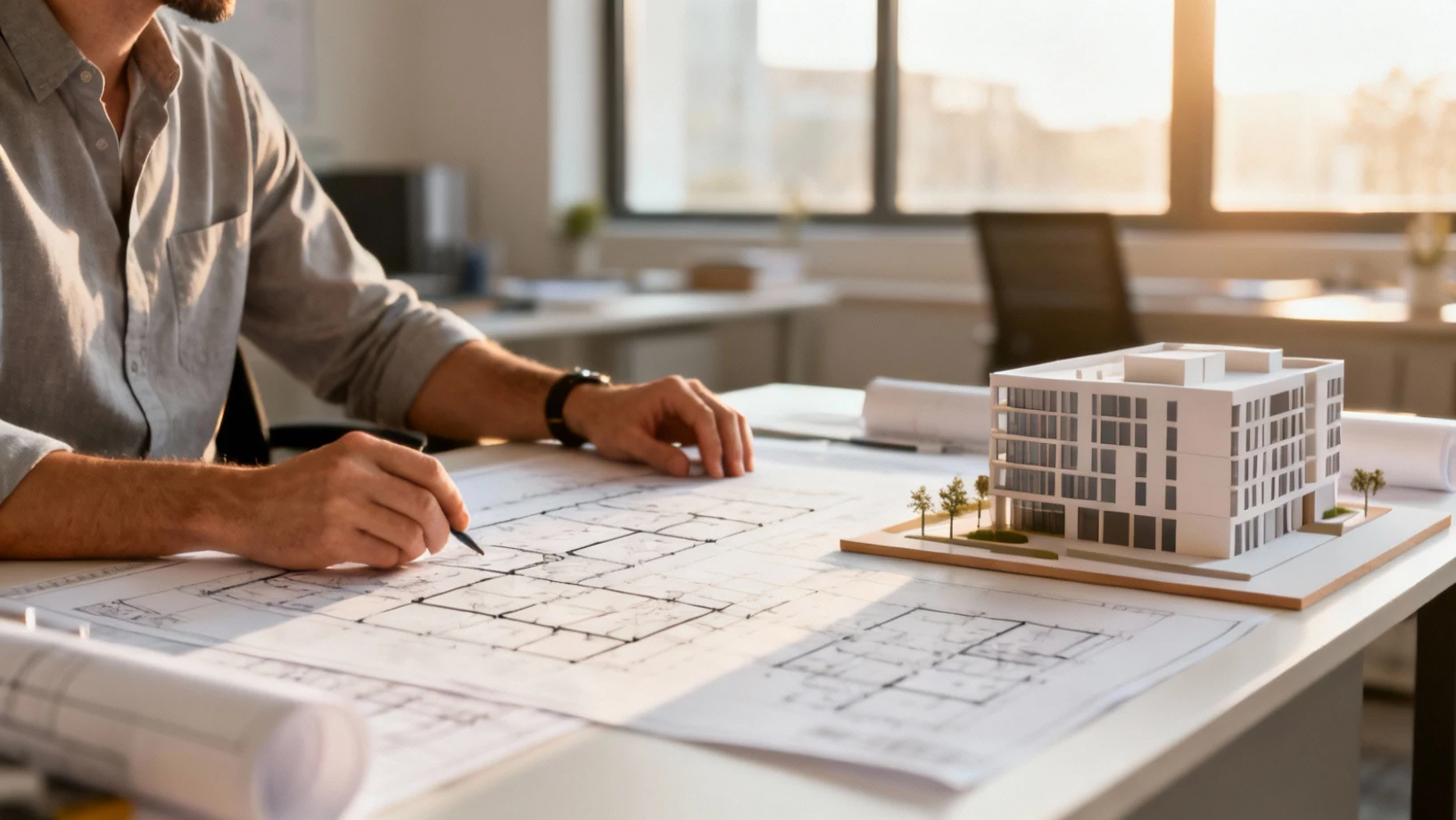 Architecte au travail sur des plans